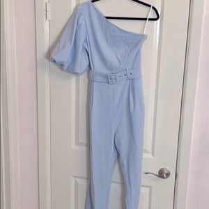 One Shoulder Puff Sleeve Belted Highwaist Jumpsuit